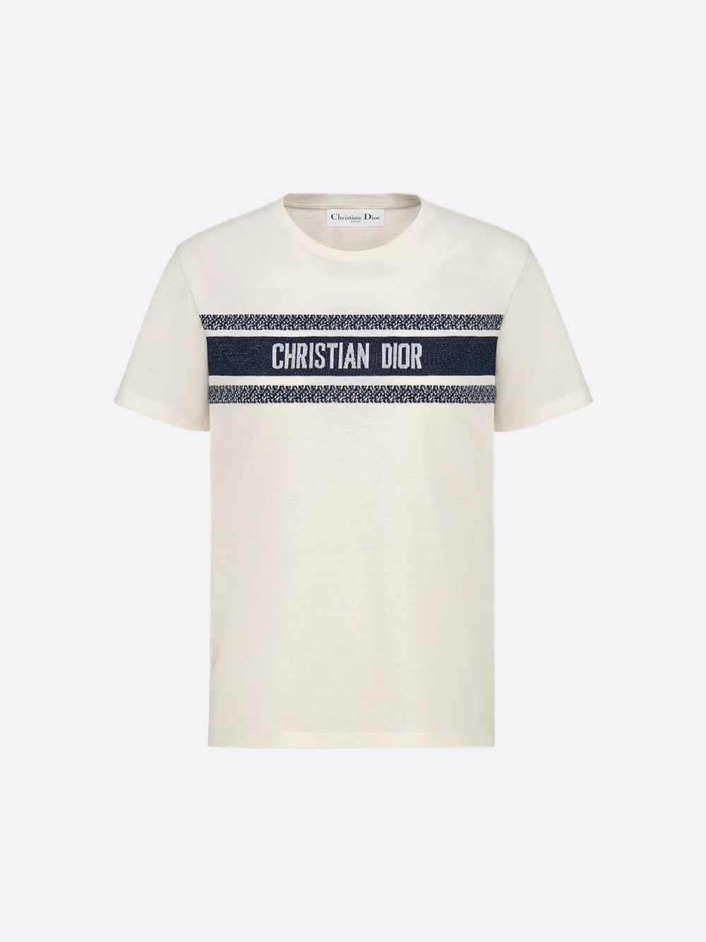 Authentic Dior White Short-Sleeve Tee with Navy Logo Bands
